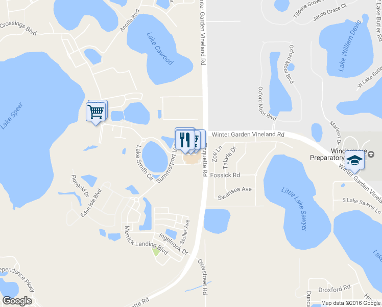 map of restaurants, bars, coffee shops, grocery stores, and more near 13450 Summerport Village Parkway in Windermere