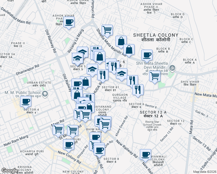 map of restaurants, bars, coffee shops, grocery stores, and more near Azad Appartment HUDA Road in Gurgaon