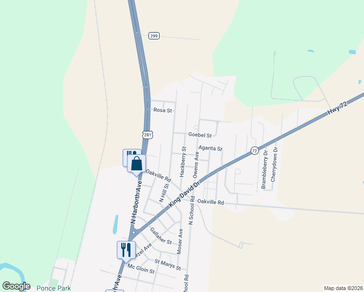 map of restaurants, bars, coffee shops, grocery stores, and more near 1705 Hackberry Street in Three Rivers