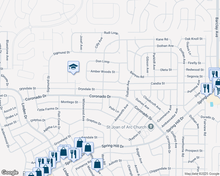 map of restaurants, bars, coffee shops, grocery stores, and more near 13263 Drysdale Street in Spring Hill