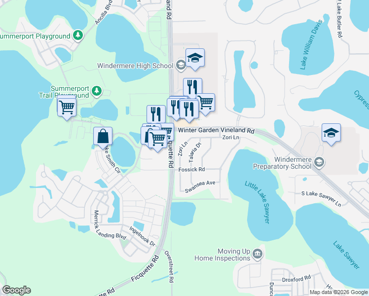 map of restaurants, bars, coffee shops, grocery stores, and more near 13461 Zori Lane in Windermere