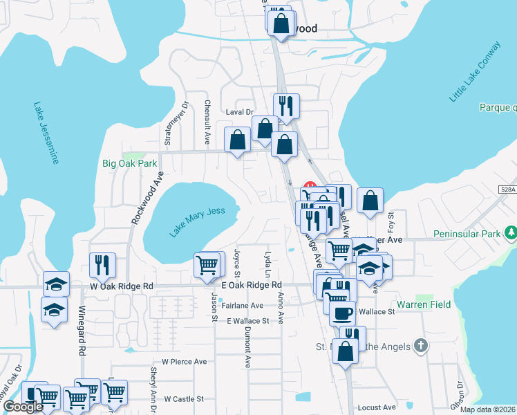 map of restaurants, bars, coffee shops, grocery stores, and more near 5661 Lake Mary Jess Shores Court in Orlando