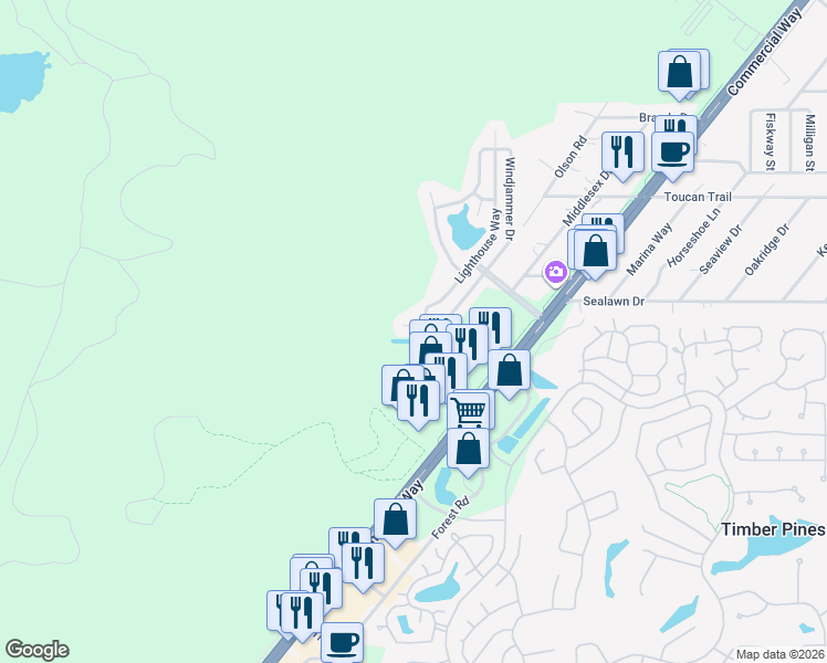 map of restaurants, bars, coffee shops, grocery stores, and more near 3144 Windjammer Drive in Spring Hill