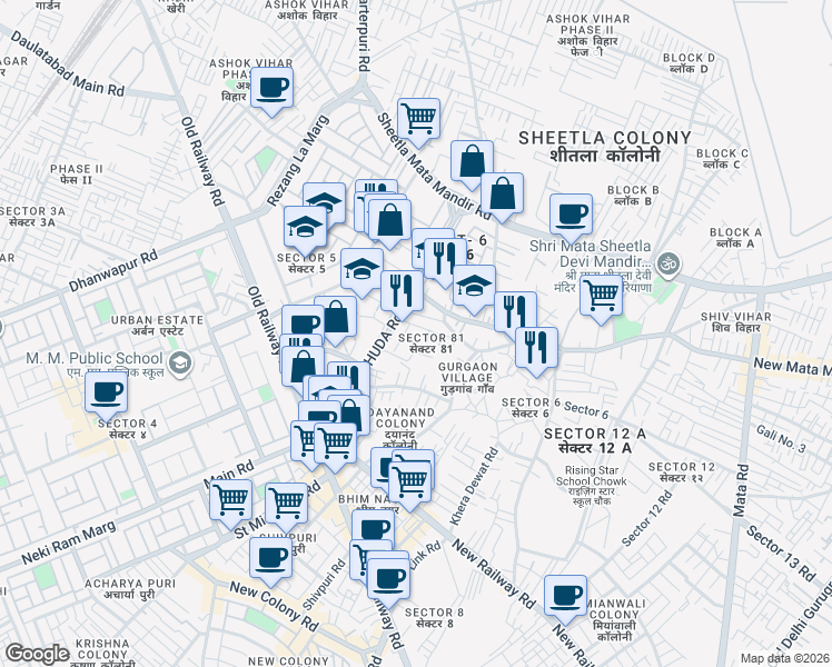 map of restaurants, bars, coffee shops, grocery stores, and more near Azad Appartment HUDA Road in Gurugram