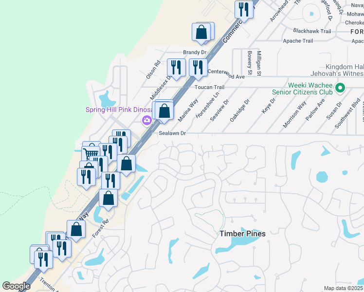 map of restaurants, bars, coffee shops, grocery stores, and more near 6610 Inverary Lane in Spring Hill