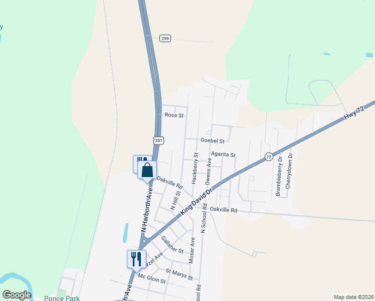 map of restaurants, bars, coffee shops, grocery stores, and more near 1705 Hackberry in Three Rivers