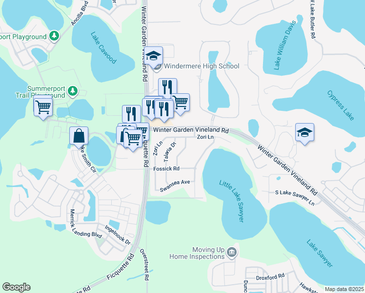 map of restaurants, bars, coffee shops, grocery stores, and more near 6109 Andreozzi Lane in Windermere