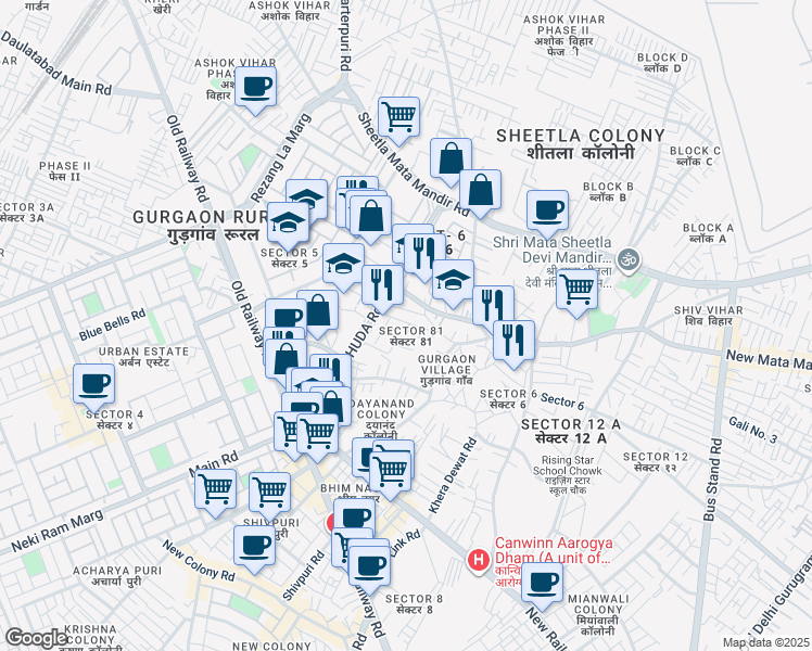 map of restaurants, bars, coffee shops, grocery stores, and more near Industrial Lane in Gurugram