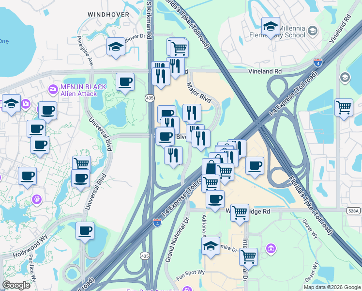 map of restaurants, bars, coffee shops, grocery stores, and more near 5687 Major Boulevard in Orlando
