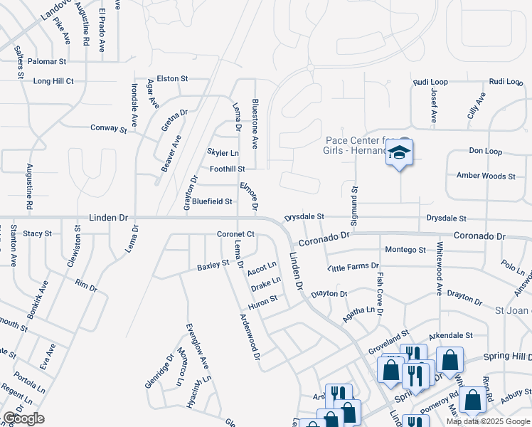 map of restaurants, bars, coffee shops, grocery stores, and more near 13225 Linden Drive in Spring Hill
