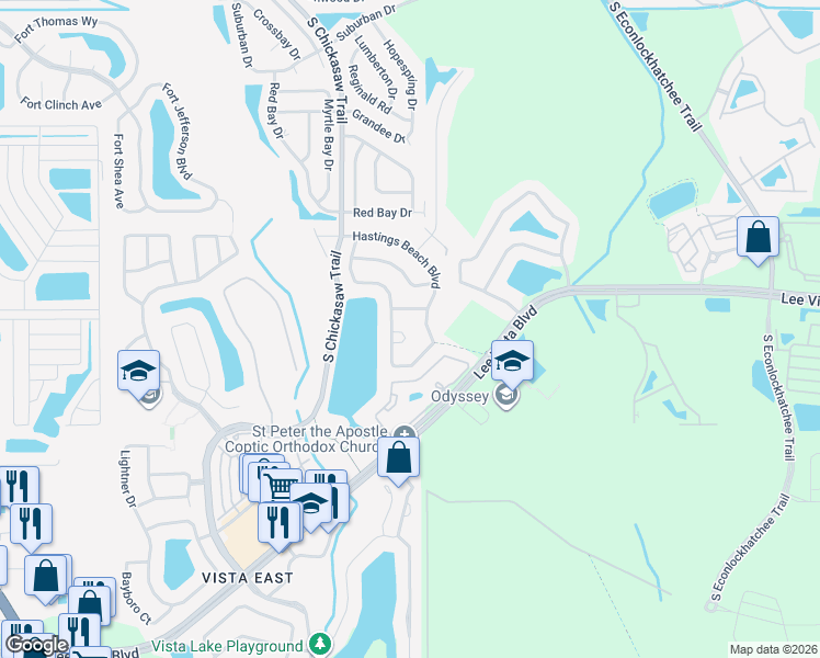 map of restaurants, bars, coffee shops, grocery stores, and more near 5935 Milford Haven Place in Orlando