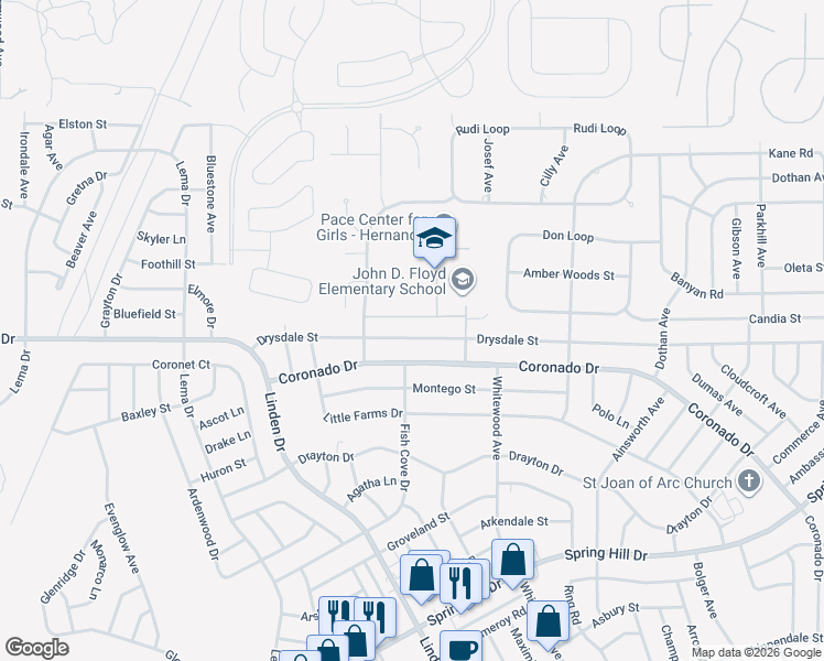 map of restaurants, bars, coffee shops, grocery stores, and more near 13041 Drysdale Street in Spring Hill