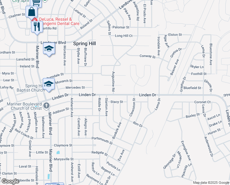 map of restaurants, bars, coffee shops, grocery stores, and more near 12783 Linden Drive in Spring Hill