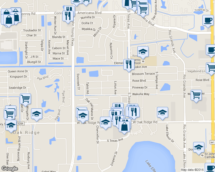 map of restaurants, bars, coffee shops, grocery stores, and more near 2606 Rose Boulevard in Orlando