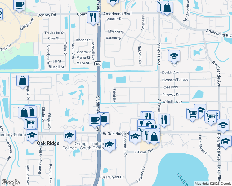 map of restaurants, bars, coffee shops, grocery stores, and more near 5607 Oak Hill Manor Drive in Orlando