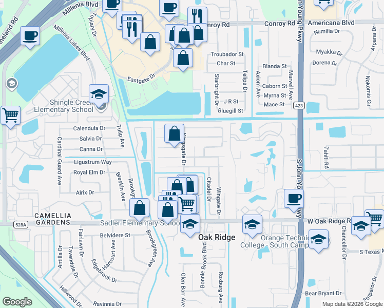 map of restaurants, bars, coffee shops, grocery stores, and more near 5514 Showalter Drive in Orlando