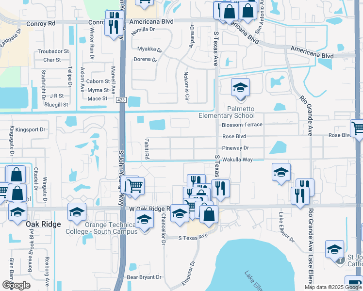 map of restaurants, bars, coffee shops, grocery stores, and more near 2601 Pineway Drive in Orlando