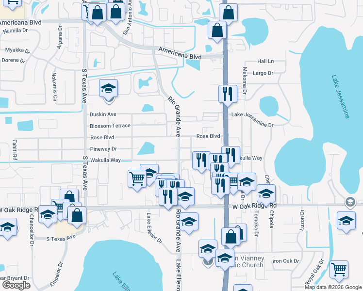 map of restaurants, bars, coffee shops, grocery stores, and more near 5631 Rio Grande Avenue in Orlando