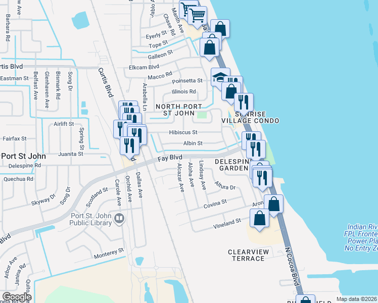 map of restaurants, bars, coffee shops, grocery stores, and more near 1023 Albin Street in Cocoa