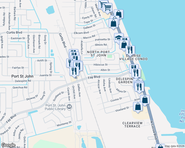 map of restaurants, bars, coffee shops, grocery stores, and more near 901 Albin Street in Cocoa