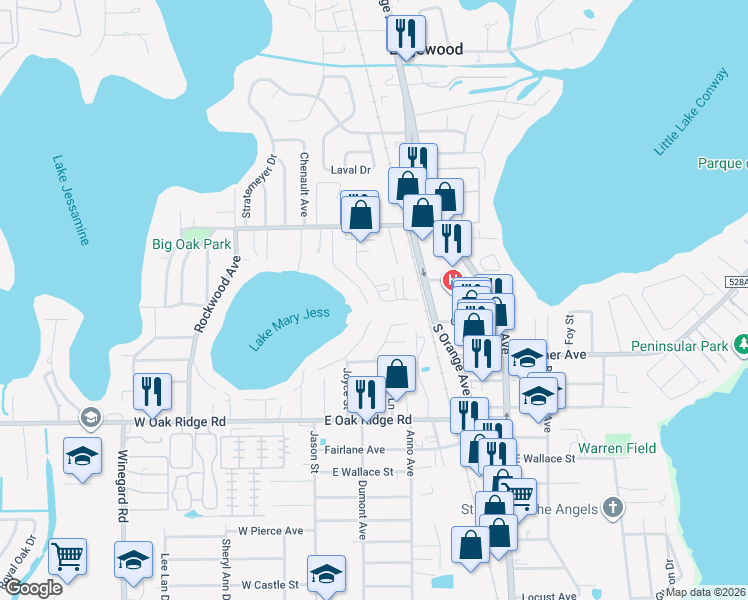 map of restaurants, bars, coffee shops, grocery stores, and more near 5661 Lake Mary Jess Shores Court in Orlando