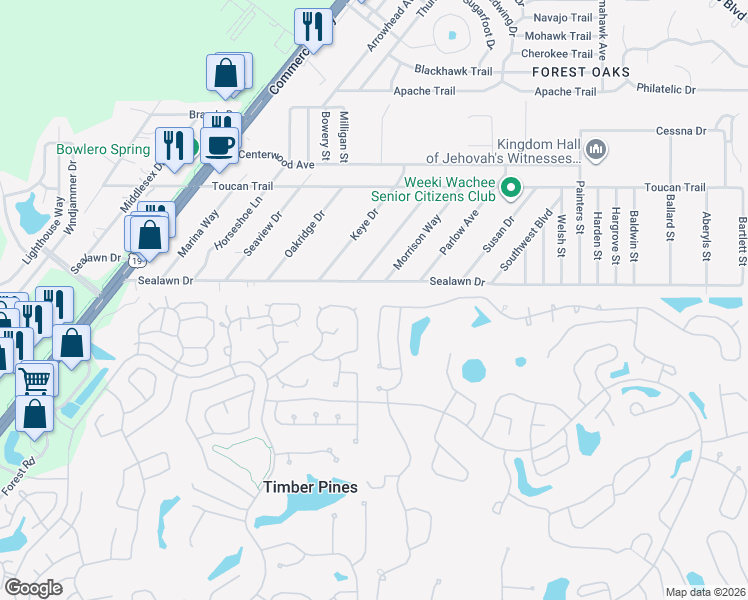 map of restaurants, bars, coffee shops, grocery stores, and more near 7335 Sugarbush Drive in Spring Hill