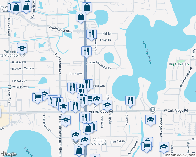 map of restaurants, bars, coffee shops, grocery stores, and more near 5650 Tomoka Drive in Orlando