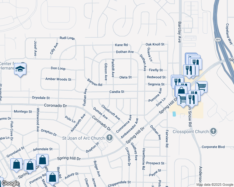map of restaurants, bars, coffee shops, grocery stores, and more near 14008 Candia Street in Spring Hill