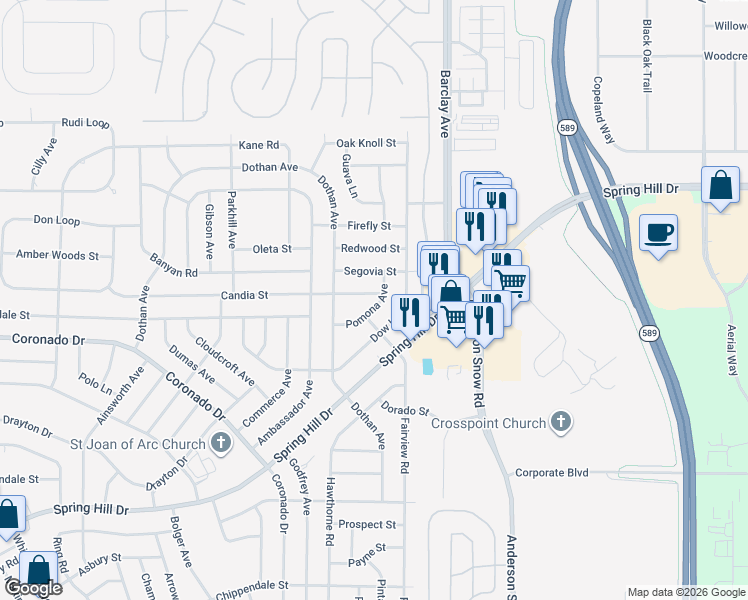 map of restaurants, bars, coffee shops, grocery stores, and more near 14147 Candia Street in Spring Hill