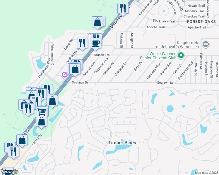 map of restaurants, bars, coffee shops, grocery stores, and more near 6697 Pin Oak Court in Spring Hill