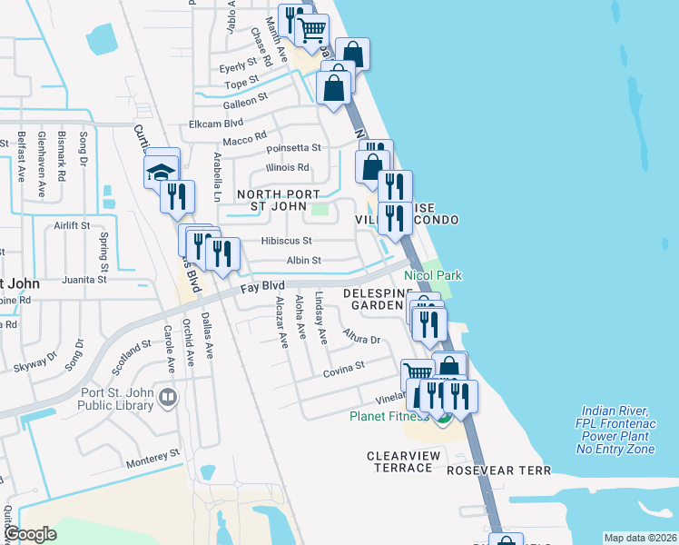 map of restaurants, bars, coffee shops, grocery stores, and more near 1150 Fay Boulevard in Cocoa