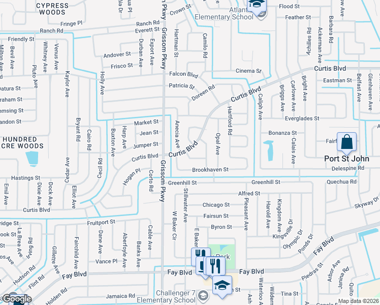 map of restaurants, bars, coffee shops, grocery stores, and more near 4935 Curtis Boulevard in Cocoa