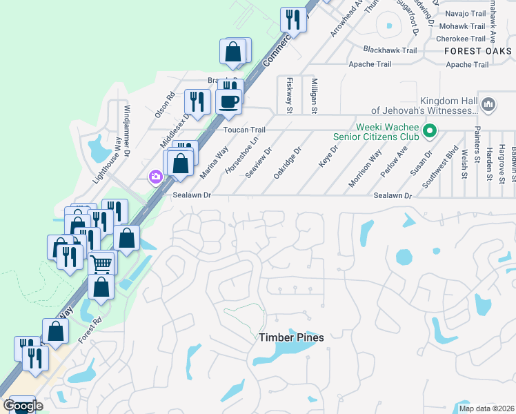 map of restaurants, bars, coffee shops, grocery stores, and more near 6697 Pin Oak Court in Spring Hill