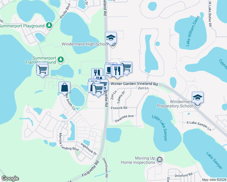 map of restaurants, bars, coffee shops, grocery stores, and more near 13461 Zori Lane in Windermere