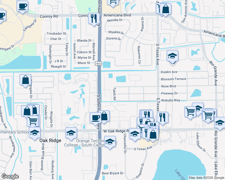 map of restaurants, bars, coffee shops, grocery stores, and more near 5607 Oak Hill Manor Drive in Orlando