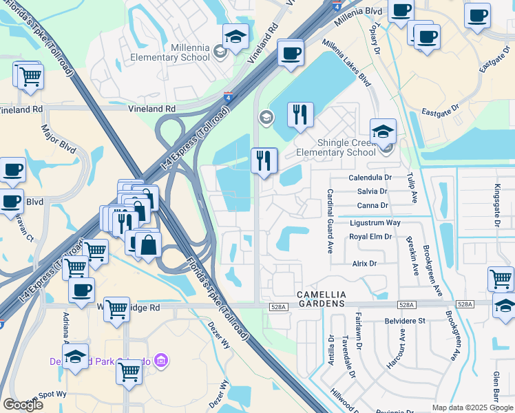 map of restaurants, bars, coffee shops, grocery stores, and more near in Orlando