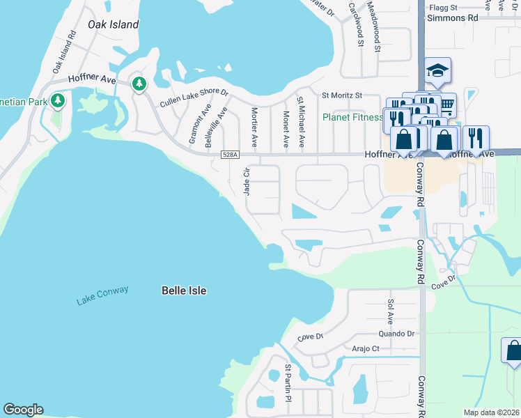 map of restaurants, bars, coffee shops, grocery stores, and more near 5287 Jade Circle in Belle Isle