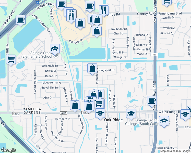 map of restaurants, bars, coffee shops, grocery stores, and more near 4028 Castlegate Drive in Orlando