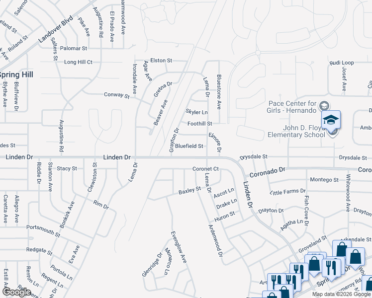 map of restaurants, bars, coffee shops, grocery stores, and more near 12196 Bluefield Street in Spring Hill