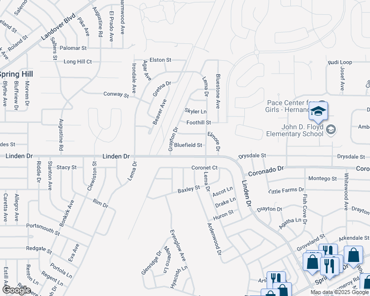 map of restaurants, bars, coffee shops, grocery stores, and more near 12196 Bluefield Street in Spring Hill
