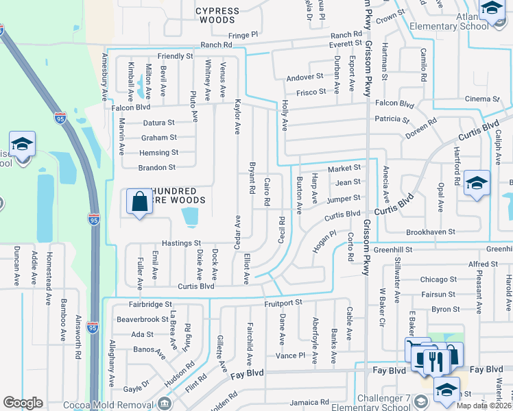 map of restaurants, bars, coffee shops, grocery stores, and more near 6815 Bryant Road in Cocoa