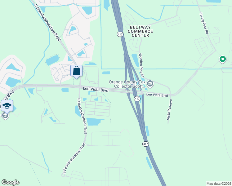 map of restaurants, bars, coffee shops, grocery stores, and more near Lee Vista Boulevard in Orlando