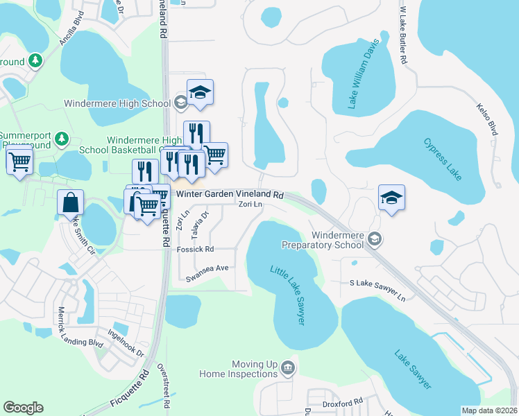 map of restaurants, bars, coffee shops, grocery stores, and more near 13214 Zori Lane in Windermere