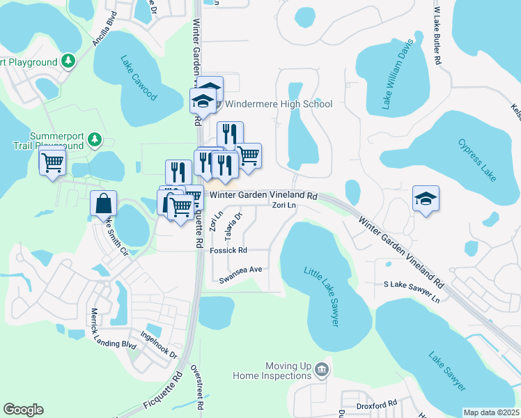 map of restaurants, bars, coffee shops, grocery stores, and more near 6109 Andreozzi Lane in Windermere