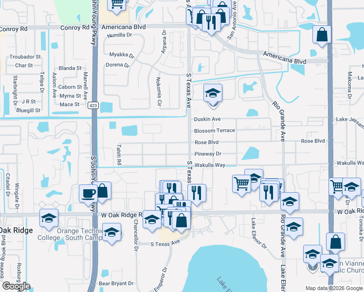 map of restaurants, bars, coffee shops, grocery stores, and more near 2306 Rose Boulevard in Orlando