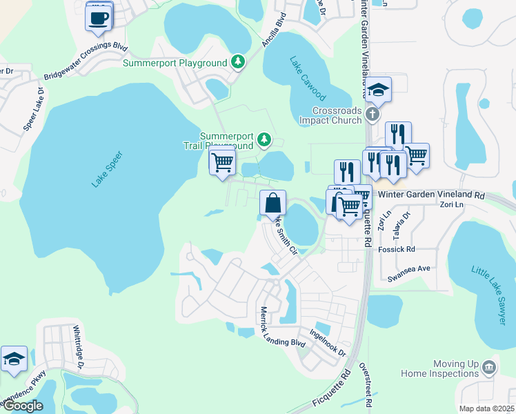 map of restaurants, bars, coffee shops, grocery stores, and more near 5827 Nature View Drive in Windermere