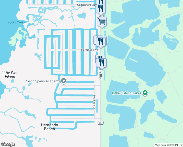 map of restaurants, bars, coffee shops, grocery stores, and more near 3178 Rose Arbor Drive in Hernando Beach