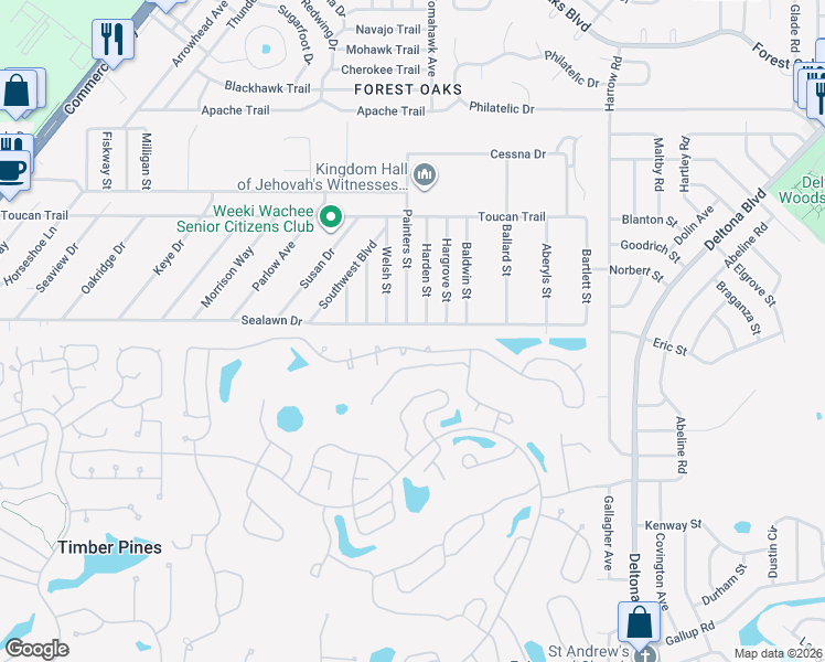 map of restaurants, bars, coffee shops, grocery stores, and more near 7486 Sealawn Drive in Spring Hill