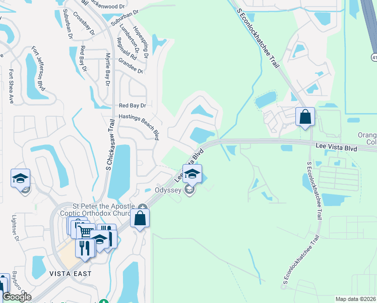 map of restaurants, bars, coffee shops, grocery stores, and more near 9295 Lee Vista Boulevard in Orlando