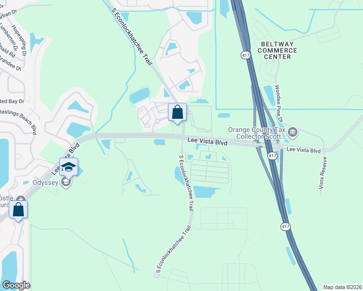 map of restaurants, bars, coffee shops, grocery stores, and more near 9968 Lee Vista Boulevard in Orlando